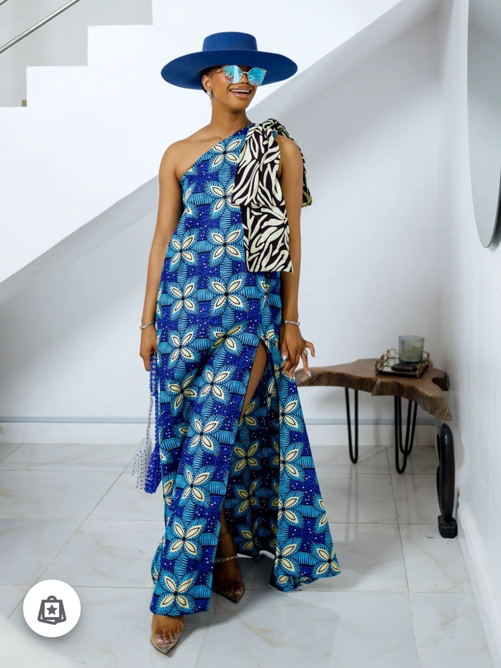 African Blue Floral One-Shoulder Maxi Dress